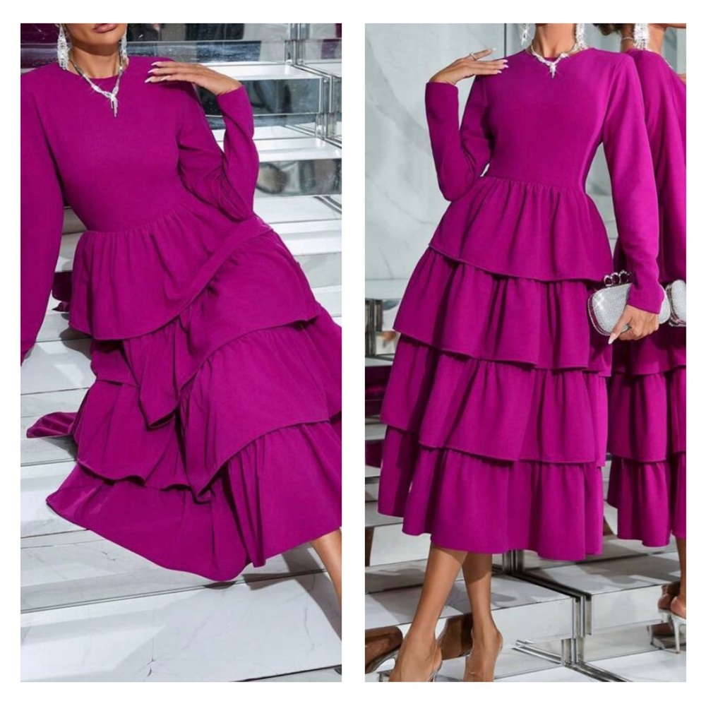 Multi-Layer Flared Hem Long Sleeve Round Neckline Dress